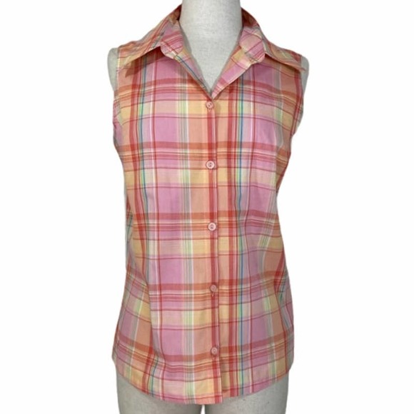 Coldwater Creek Tops - Coldwater Creek pastel plaid button down sleeveless medium shirt in pink coral